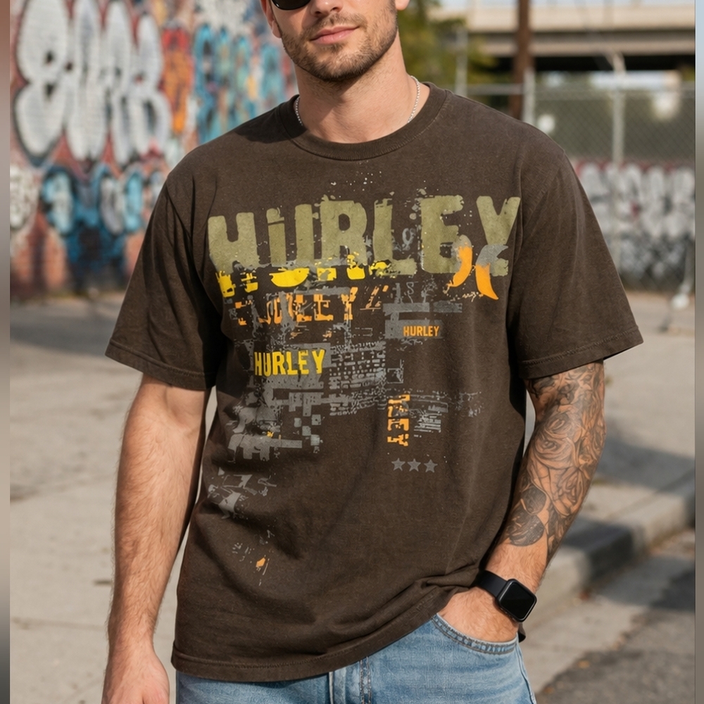 Hurley Dark Brown Graphic Tee Size L Men’s Logo T-Shirt Cotton Streetwear